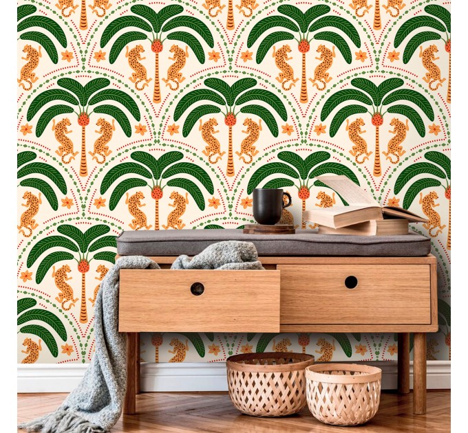 Tropical wallpaper palms and jaguars Vibrant accent wall