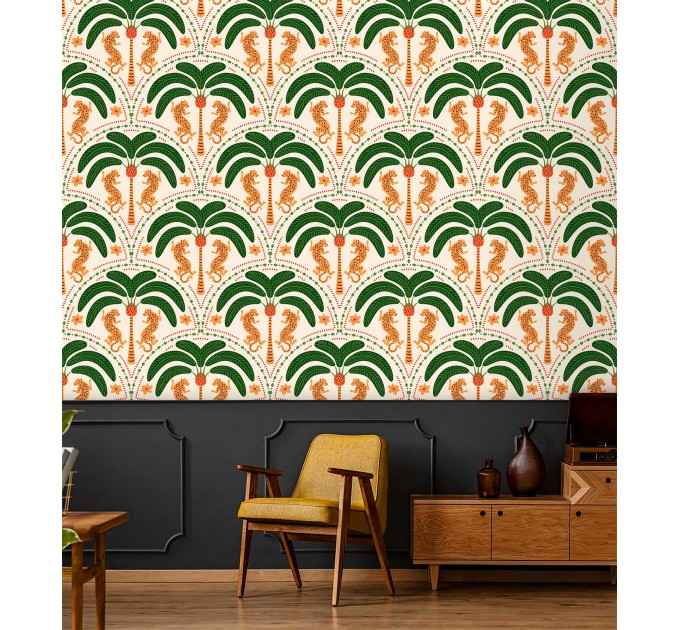 Tropical wallpaper palms and jaguars Vibrant accent wall