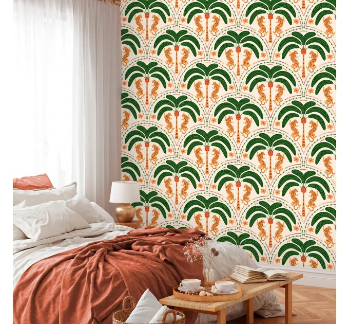 Tropical wallpaper palms and jaguars Vibrant accent wall