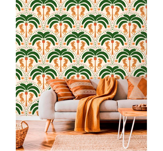 Tropical wallpaper palms and jaguars Vibrant accent wall