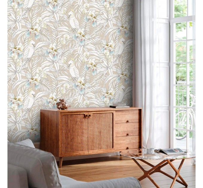 Tropical wallpaper with parrots Exotic flowers wallpaper