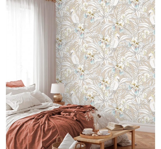 Tropical wallpaper with parrots Exotic flowers wallpaper