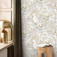Tropical wallpaper with parrots Exotic flowers wallpaper