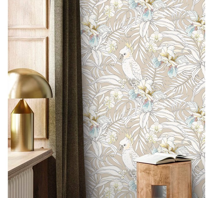 Tropical wallpaper with parrots Exotic flowers wallpaper