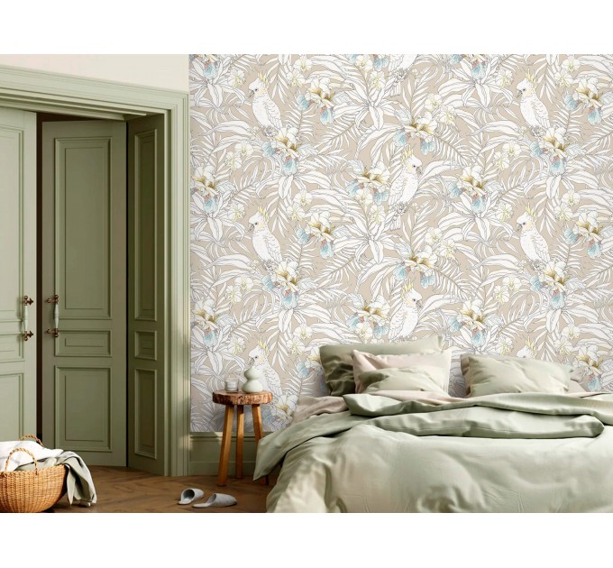 Tropical wallpaper with parrots Exotic flowers wallpaper