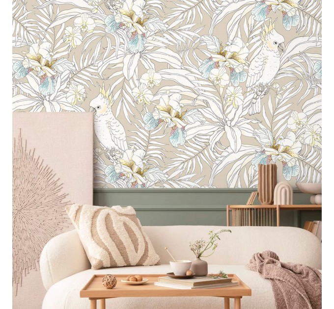 Tropical wallpaper with parrots Exotic flowers wallpaper