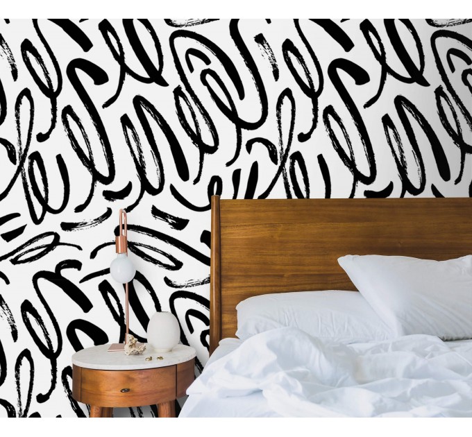 Abstract contemporary wallpaper black strokes on white