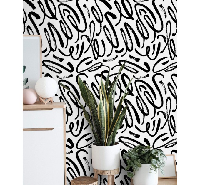 Abstract contemporary wallpaper black strokes on white