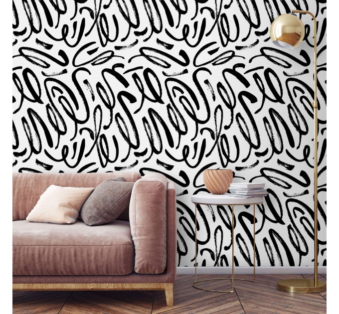 Abstract contemporary wallpaper black strokes on white