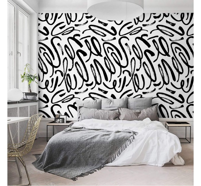 Abstract contemporary wallpaper black strokes on white