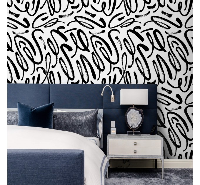 Abstract contemporary wallpaper black strokes on white