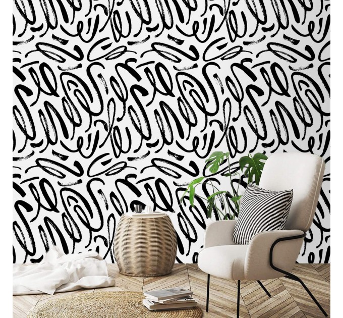 Abstract contemporary wallpaper black strokes on white