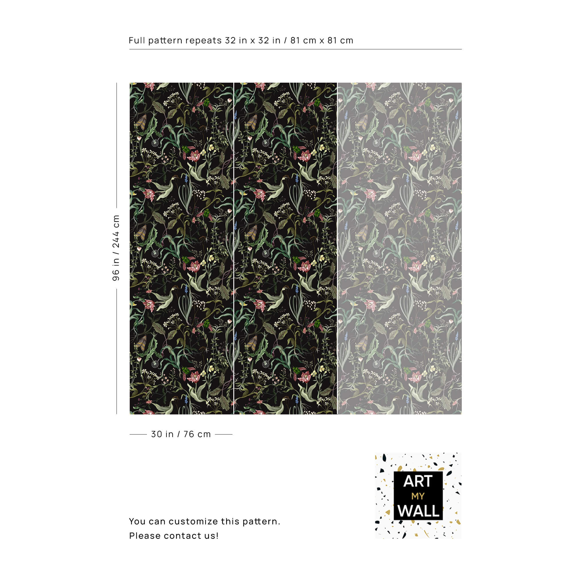 Dark floral wallpaper secret garden Leaves and flowers Peel and stick ...