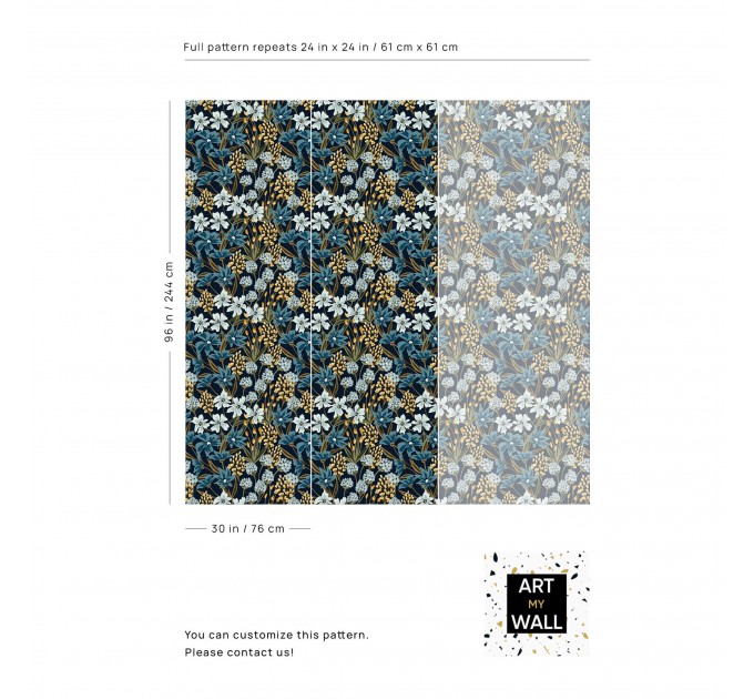 Dark blue floral wallpaper, Vintage wildflowers moody decor