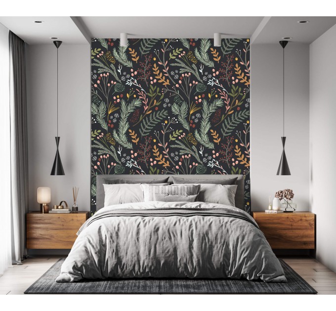 Dark folk botanical wallpaper – Whimsical forest leaves