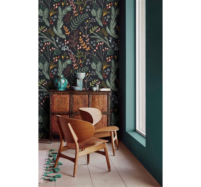 Dark folk botanical wallpaper – Whimsical forest leaves