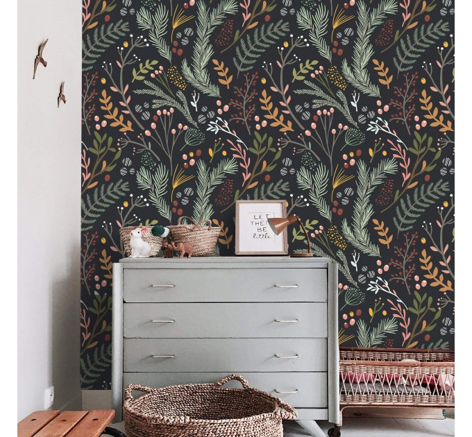 Dark folk botanical wallpaper – Whimsical forest leaves
