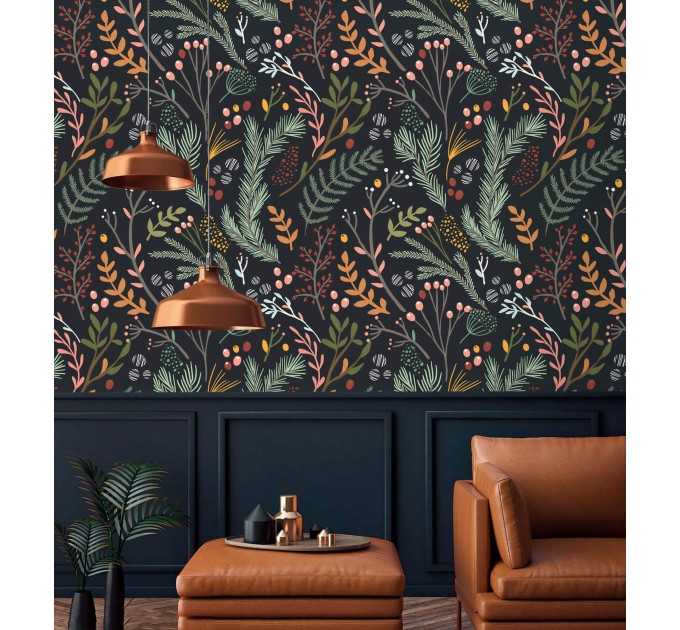 Dark folk botanical wallpaper – Whimsical forest leaves