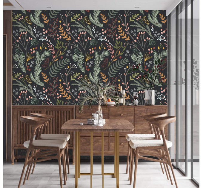 Dark folk botanical wallpaper – Whimsical forest leaves