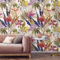 Exotic floral wall mural, large scale tropical leaves