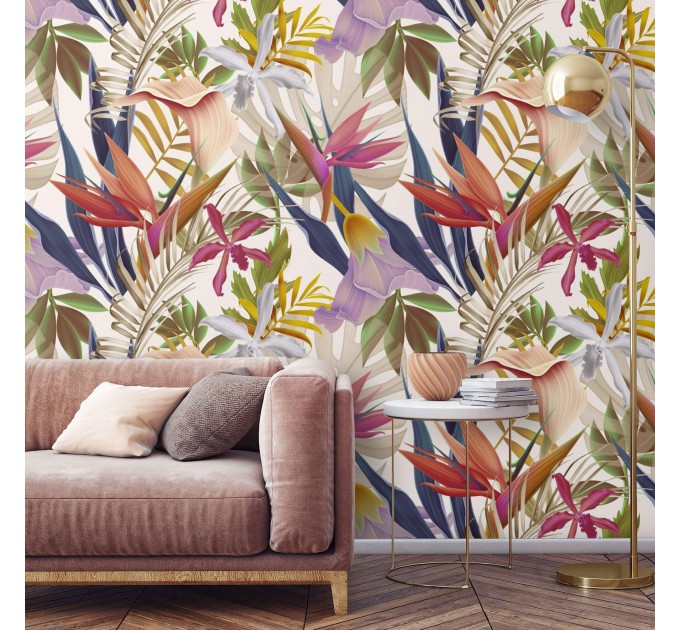 Exotic floral wall mural, large scale tropica leaves