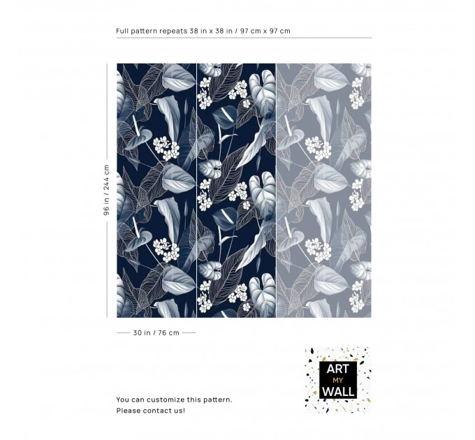 Floral wallpaper, dark blue and white flowers