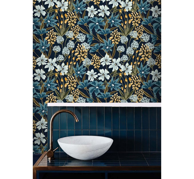 Dark blue floral wallpaper, Vintage wildflowers moody decor