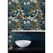 Dark blue floral wallpaper, Vintage wildflowers moody decor