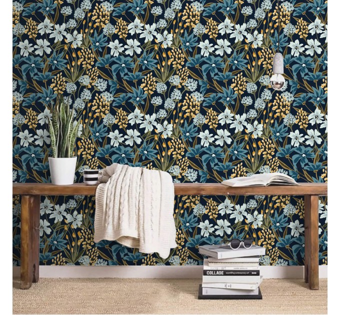 Dark blue floral wallpaper, Vintage wildflowers moody decor