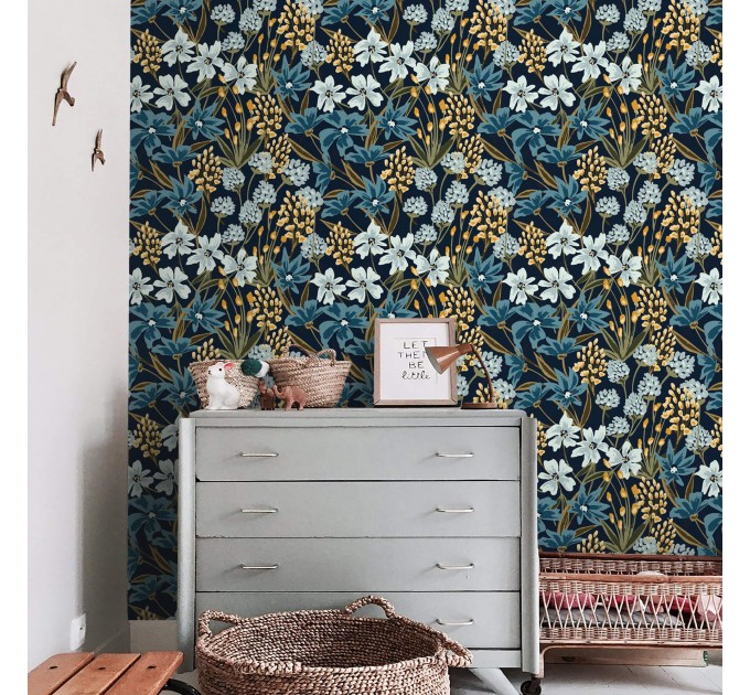 Dark blue floral wallpaper, Vintage wildflowers moody decor