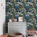 Dark blue floral wallpaper, Vintage wildflowers moody decor