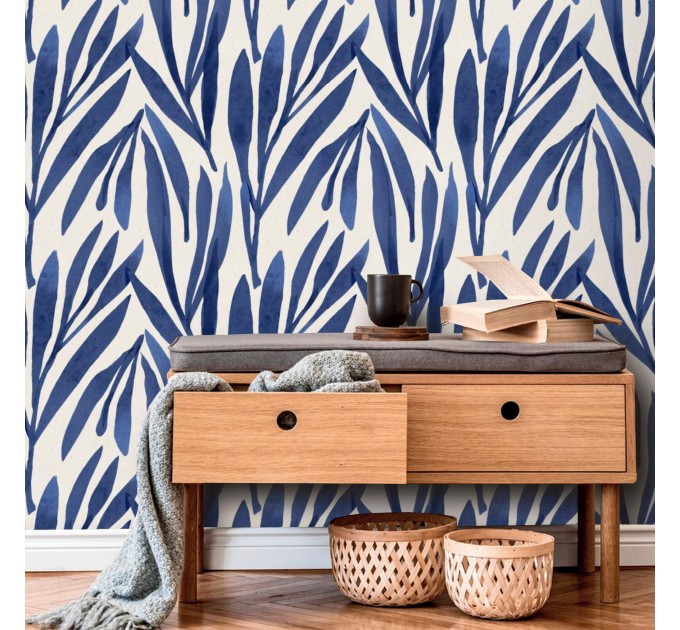 Abstract leaves wallpaper, blue watercolor foliage