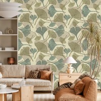 Botanical wallpaper with linear ginkgo leaves