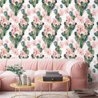 Cactus wallpaper, watercolor flowers accent wallpaper