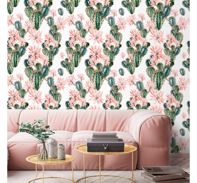 Cactus wallpaper, watercolor flowers accent wallpaper