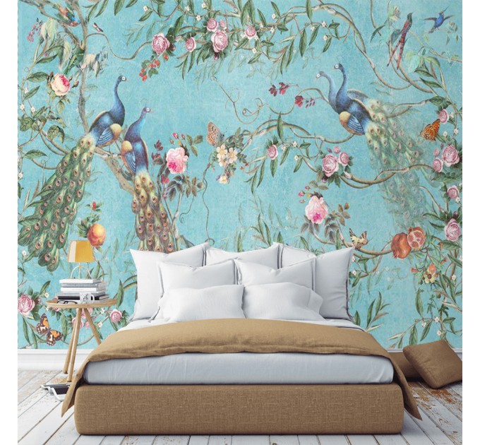 Vintage floral wallpaper with peacocks, birds and flowers