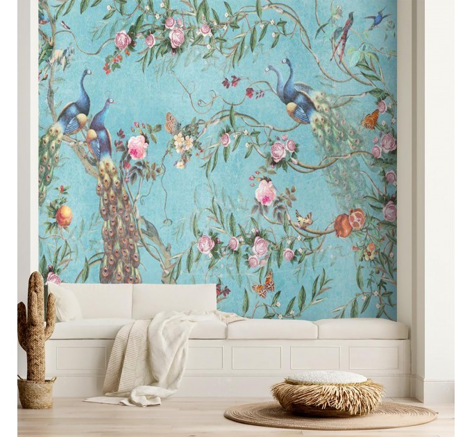 Vintage floral wallpaper with peacocks, birds and flowers