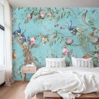 Vintage floral wallpaper with peacocks, birds and flowers