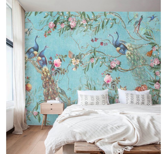 Vintage floral wallpaper with peacocks, birds and flowers