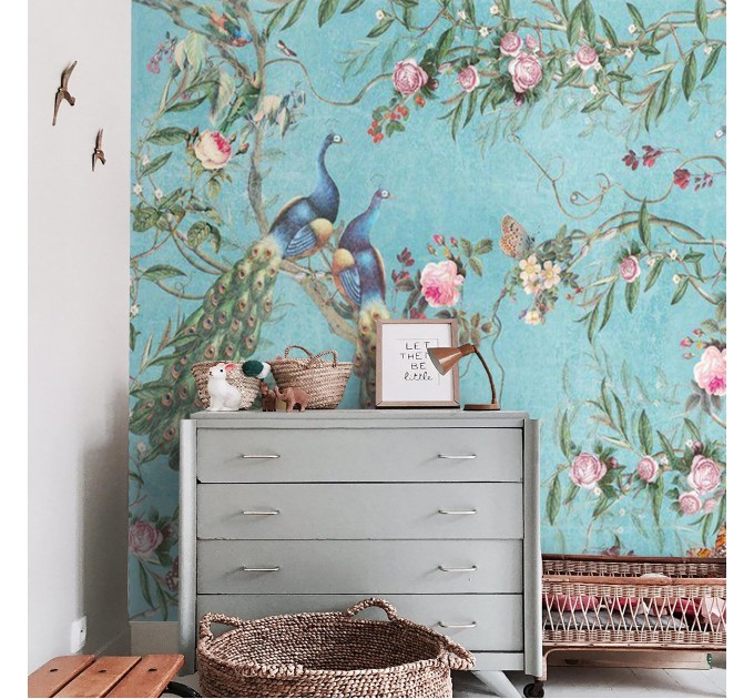 Vintage floral wallpaper with peacocks, birds and flowers