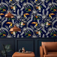Dark blue tropical wallpaper with birds maximalist style