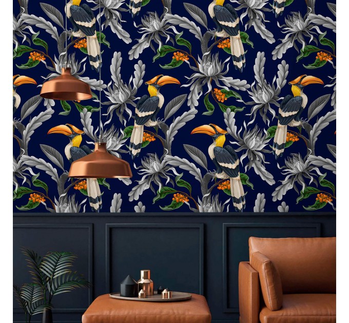 Dark blue tropical wallpaper with birds maximalist style