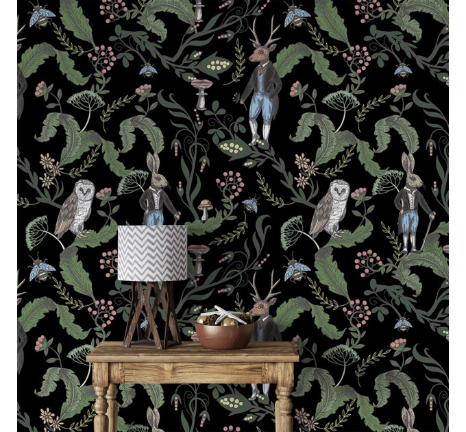 Dark botanical wallpaper Forest animals