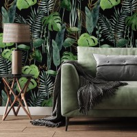 Botanical wallpaper dark green tropical leaves