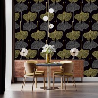 Dark botanical wallpaper with large ginkgo leaves
