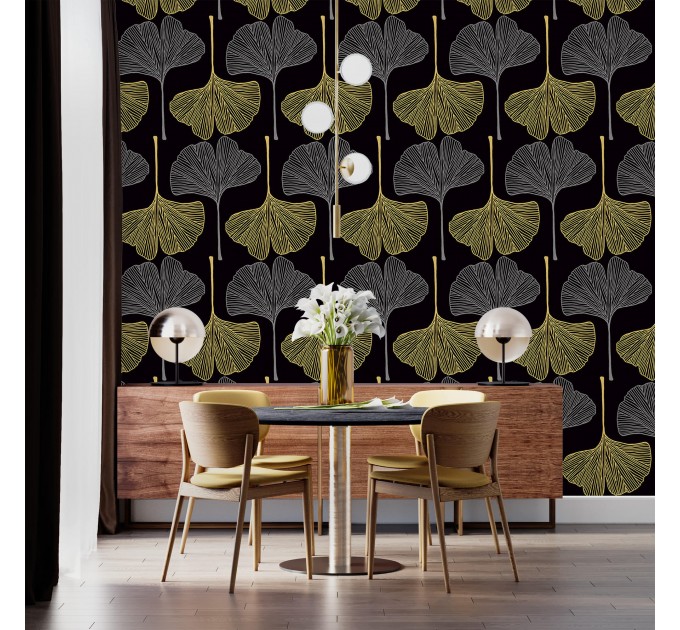 Dark botanical wallpaper with large ginkgo leaves