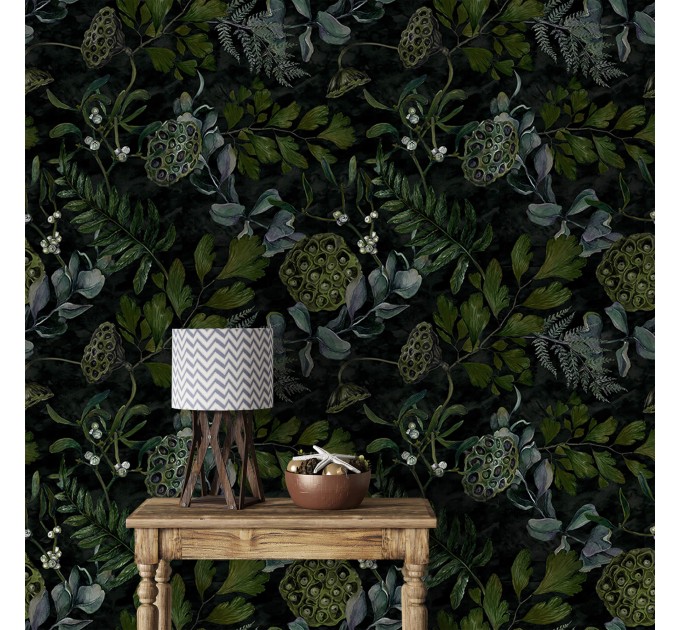 Dark botanical wallpaper moody leaves design