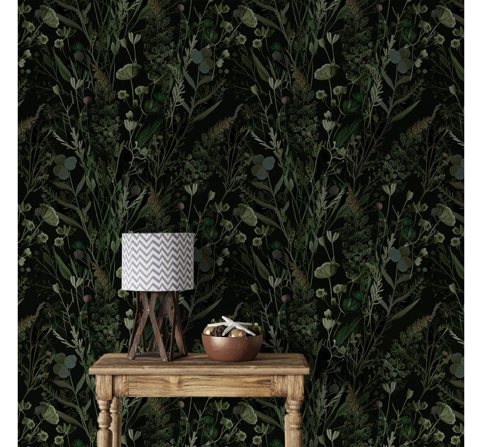 Dark botanical wallpaper leaves and herbs