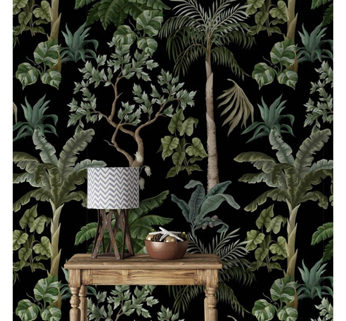 Dark botanical wallpaper palms and trees, tropical wall
