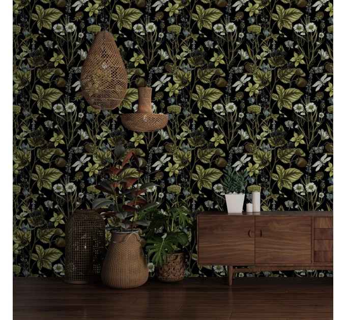 Dark botanical wallpaper wildflowers and herbs
